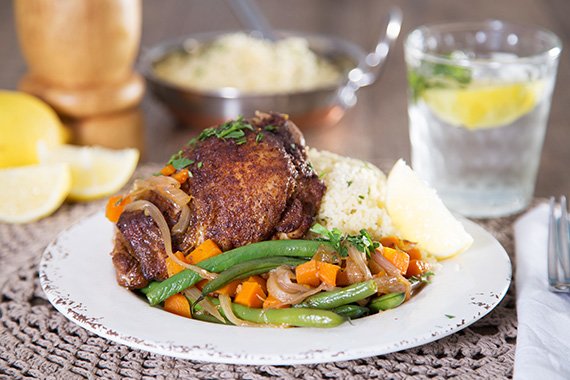 Ethiopian Chicken Thighs with Green Beans and Zesty Couscous