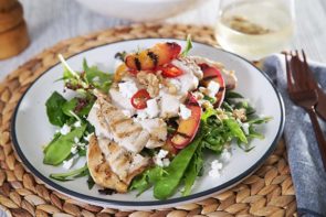Grilled Chicken & Peach Salad with Crumbled Fetta & Walnuts