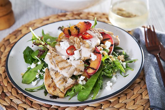 Grilled Chicken & Peach Salad with Crumbled Fetta & Walnuts