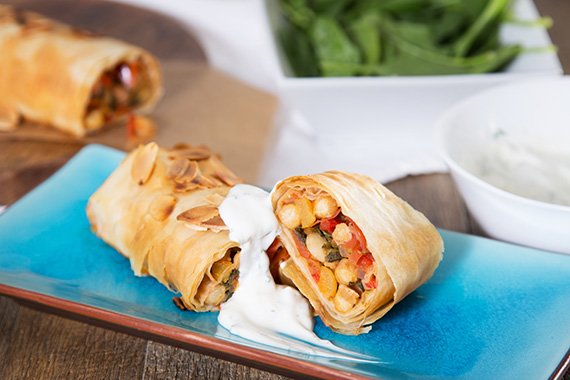 Moroccan Chickpea & Spinach Filo Strudel with Almonds & Minted Yoghurt