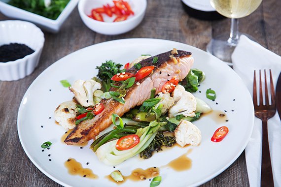 Seared Salmon with Ponzu & Ginger Stir Fried Vegetables