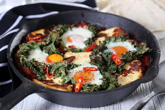 Shakshuka with Grilled Haloumi, Free Range Eggs & Kale