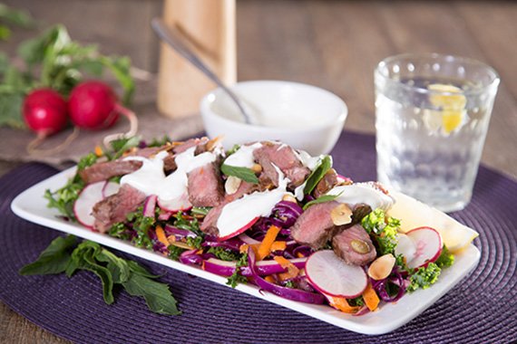 Superfood Salad with Porterhouse Strips Fresh Mint and Lemon Zested Yoghurt