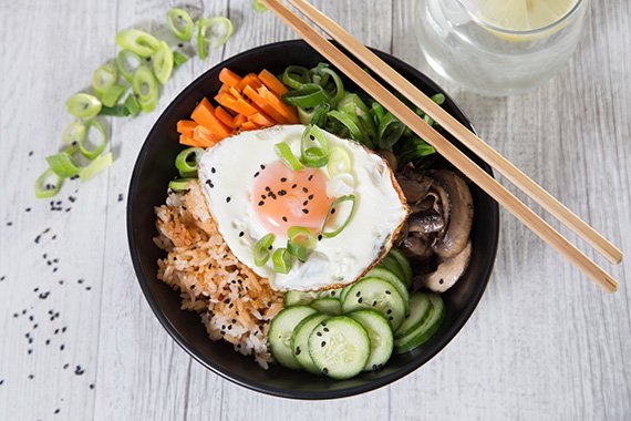 Vegetarian Bibimbap with Free Range Eggs, Chinese Broccoli, Mushrooms & Black Sesame