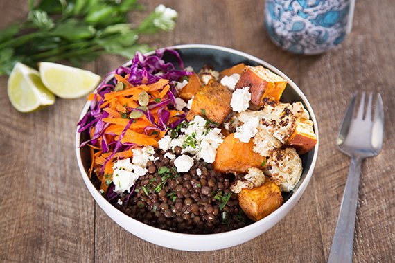 Cauliflower & Sweet Potato Lentil Bowl with Simple Slaw & Fetta