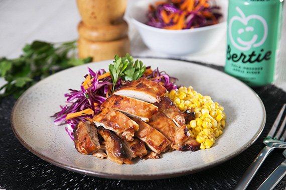 BBQ Chicken Thighs with Coleslaw & Buttery Sautéed Corn
