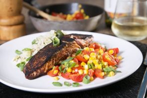 Chipotle Blackened Salmon with Zucchini Rice Pilaf & Tomato Corn Salsa