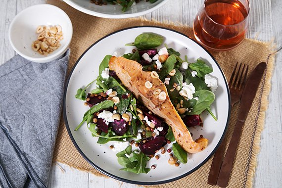 Maple Glazed Salmon with Hazelnut, Fetta & Baby Beetroot Salad