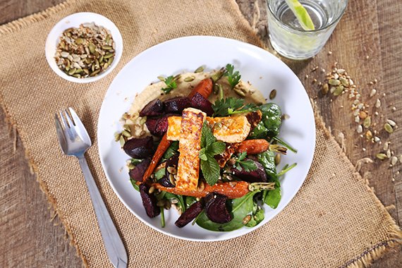 Roasted Beets with Spiced Haloumi Baby Carrots, Seeds & Hummus