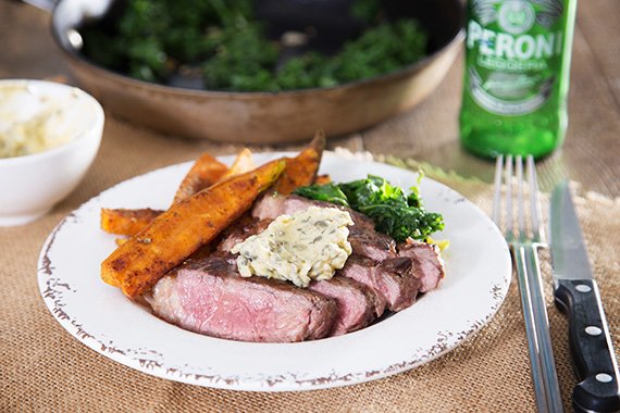 Scotch Fillet with Dill & Caper Butter, Sweet Potato Wedges & Kale