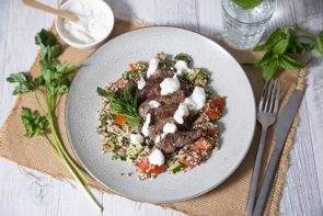 Za'atar Beef & Quinoa Salad with Tzatziki