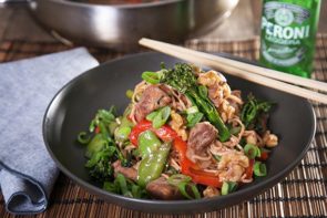 Char Siu Pork with Snow Peas & Walnuts served with Egg Noodles