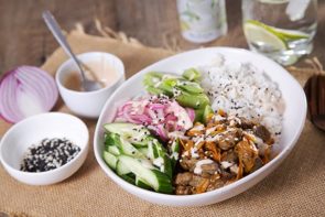 Japanese Inspired Ginger Beef Bowl with Pickled Red Onion & Tonkatsu Mayo