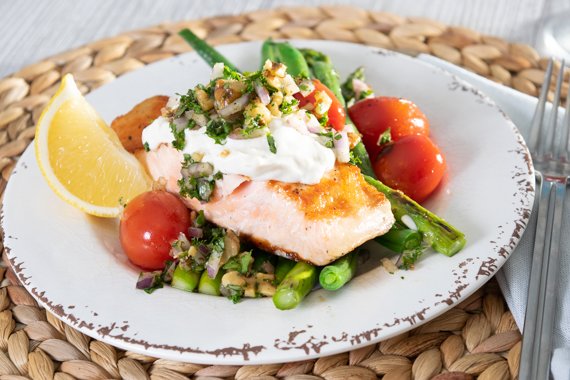 Lebanese Style Tarator Salmon with Greens & Cherry tomatoes