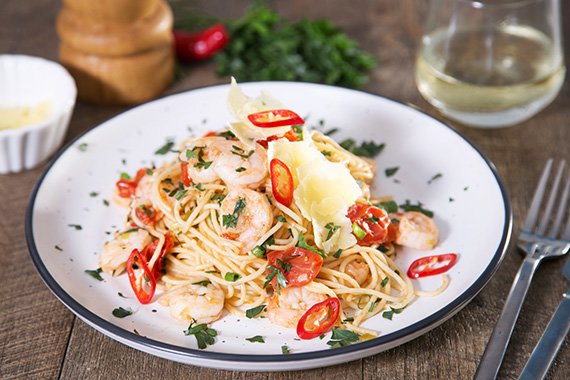 Prawn and Cherry Tomatoes Pasta, Parmesan and Chili