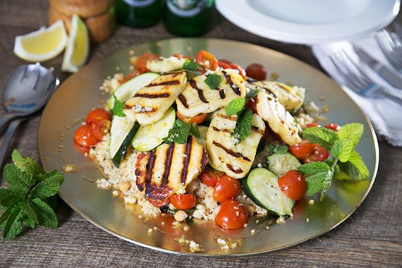 Summer Haloumi Couscous Salad with Garlic Lemon Dressing