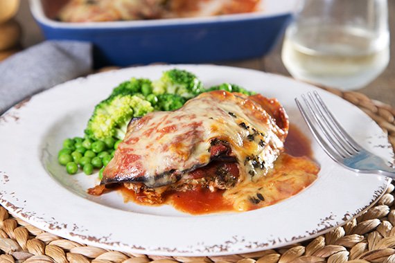 Chicken & Eggplant Parmigiana with Buttered Broccoli and Peas