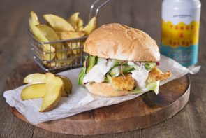 Crumbed Fish Burger with Cucumber Pickle, Potato Wedges & Tartare Sauce