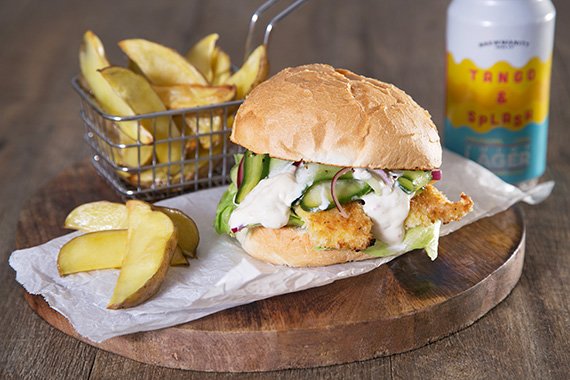 Crumbed Fish Burger with Cucumber Pickle, Potato Wedges & Tartare Sauce