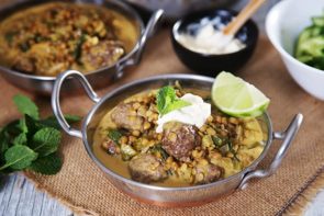 Meatballs with Curried Lentils, Naan & Mint Cucumber Salad