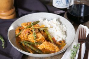 Chicken Marengo with Mushrooms and Green Beans Served with Fluffy Rice