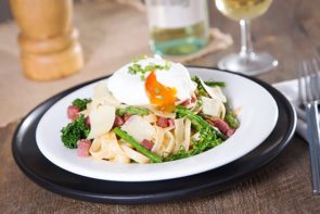 Chorizo Tagliatelle with Poached Egg, Greens, Parmesan & Chives