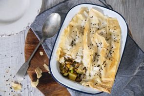 Curried Pork, Potato & Pea Pie with Crunchy Filo Top