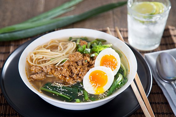 Jamie Oliver's Ginger & Miso Pork Ramen with Egg, Asian Greens & Sesame Seeds