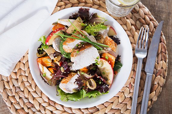 Maple Spiced Pumpkin & Chicken Salad, with Olives, Apple & Toasted Seeds