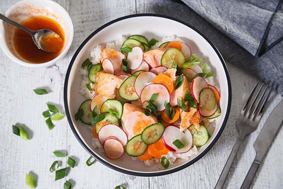 Baked Salmon with Sriracha Vinaigrette, Rice & Pickled Vegetables