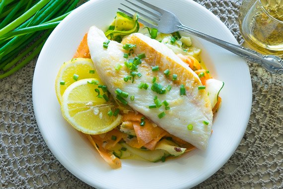 Light & Simple Grilled Fish with Carrot & Zucchini Vegetable Ribbons