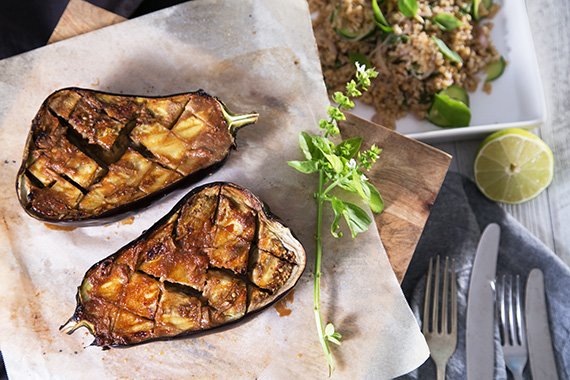 Miso & Ginger Glazed Eggplant with Farro Grain Salad & Basil