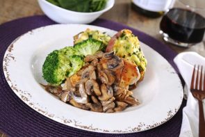 Pan Seared Chicken with Mushroom Sauce and Twice Baked Potatoes