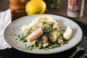Pork Piccata with Zucchini & Peas Served with Creamy Mash