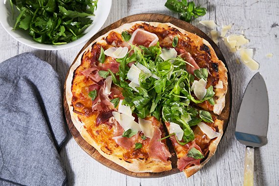 Prosciutto & Parmesan Pizza with Rocket & Balsamic