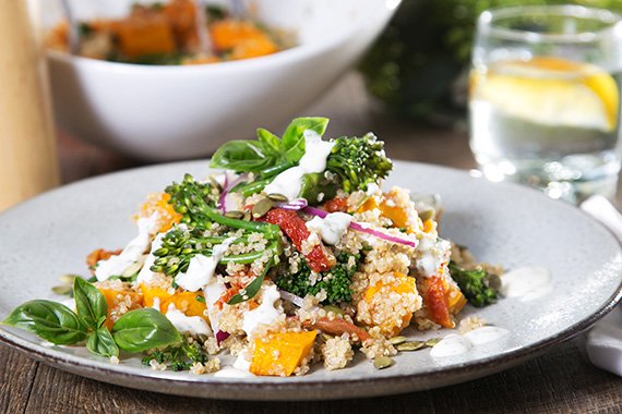 Pumpkin, Broccolini & Quinoa Salad with Sun Dried Tomatoes & Basil Mayonnaise