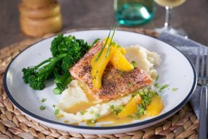 Sumac Salmon with Parsnip Puree, Orange Butter Sauce & Broccolini