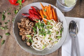 Sweet & Crispy Turkey with Sesame Udon, Sriracha, Ginger and Veg