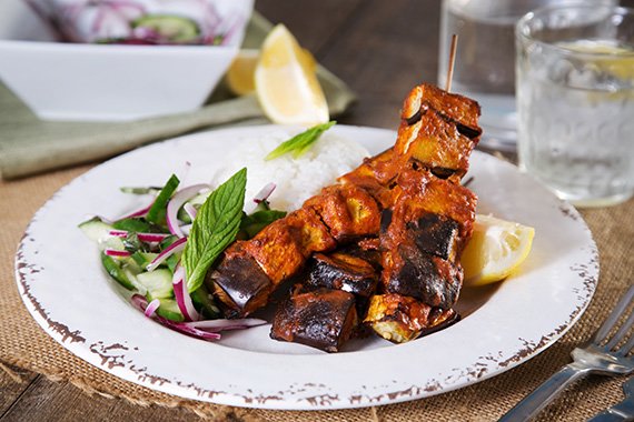 Tandoori Eggplant Skewers & Rice with Pickled Onion & Cucumber