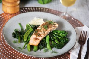 Baked Salmon with Wholegrain Mustard & Celeriac Puree, Seared Greens & Dill