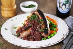 Good Ol' Bangers & Mash with Onion Gravy, Carrots and Peas