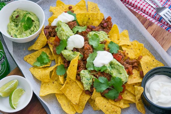 Guilt Free Beef Nachos with Guacamole, Lime and Yoghurt