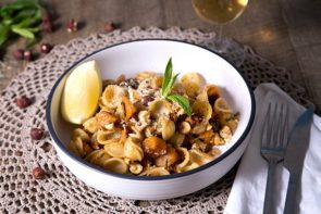 Orecchiette Pasta with Butternut Pumpkin, Broccoli, Chilli, Hazelnuts & Mint