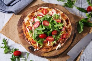 Smoked Chicken Pizza with Fire Roasted Capsicum, Basil & Cherry Tomato
