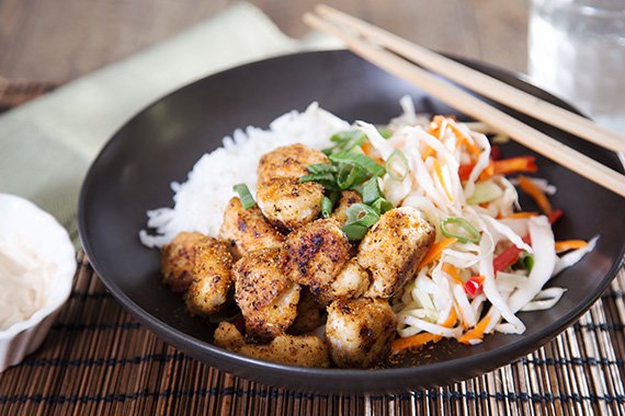 Togarashi Popcorn Chicken with Sweet Chili Slaw & Rice