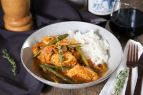 Chicken Marengo with Mushrooms and Green Beans Served with Fluffy Rice