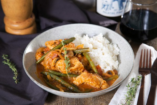 Chicken Marengo with Mushrooms and Green Beans Served with Fluffy Rice