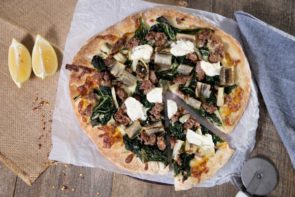 Free Range Pork Sausage & Crispy Silverbeet Pizza with chilli & Rosemary