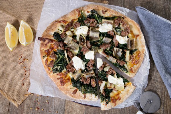 Free Range Pork Sausage & Crispy Silverbeet Pizza with chilli & Rosemary