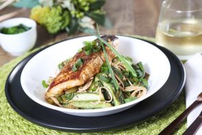 Ginger & Soy Glazed Salmon with Choy Sum & Soba Noodles